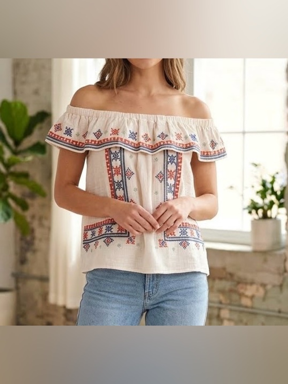 Easel LA Womens S Ivory Cotton Gauze Blouse Off Shoulder Embroidered Boho Top
